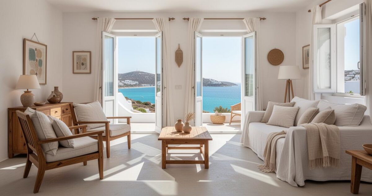 Salon lumineux d'une location de vacances avec vue sur la mer